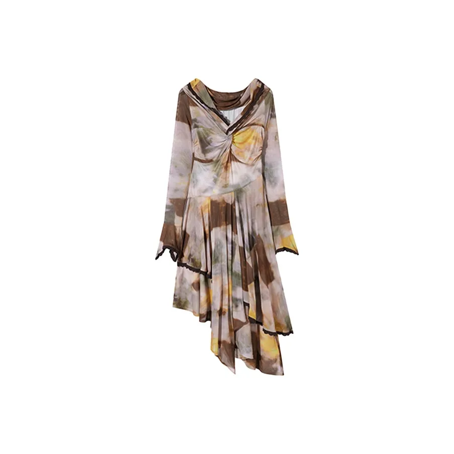 PAZZO Длинное платье с длинными рукавами женское мягкий персиковый цвет