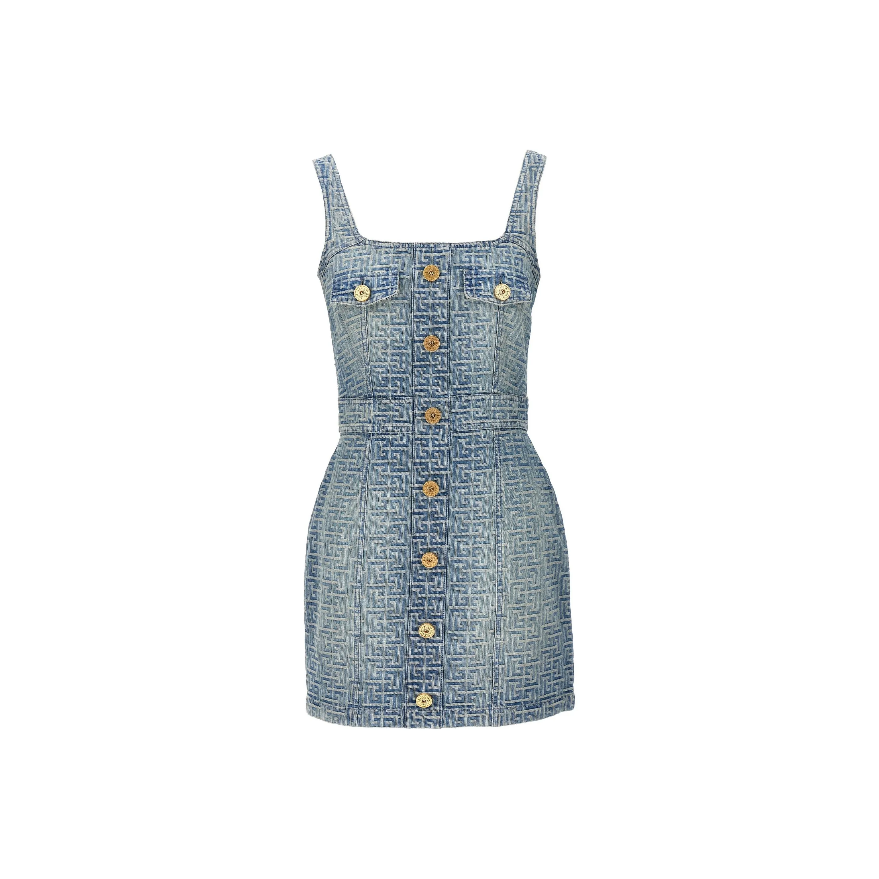 BALMAIN Monogram Debossed Square Neck Mini Dress