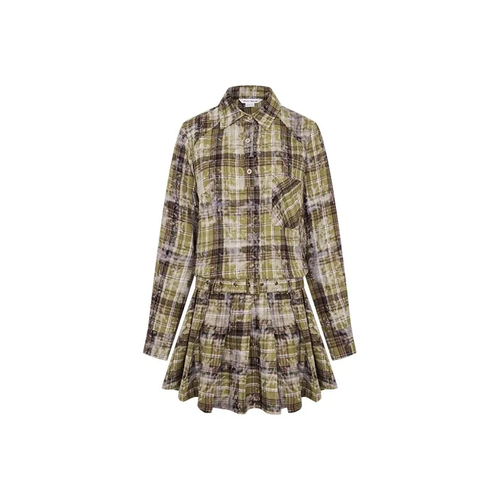 URBAN REVIVO Long Sleeved Dresses Women's Dark Green Plaid