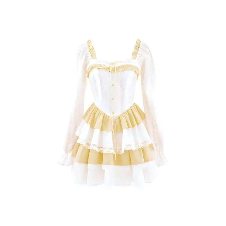 Lookinto Платье Женское Пасторальное Желтое с Длинным Рукавом