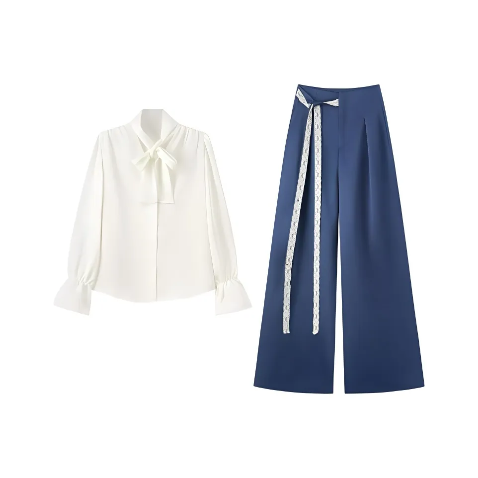 BIFH Повседневный костюм Женская Белый топ Синие костюмные брюки