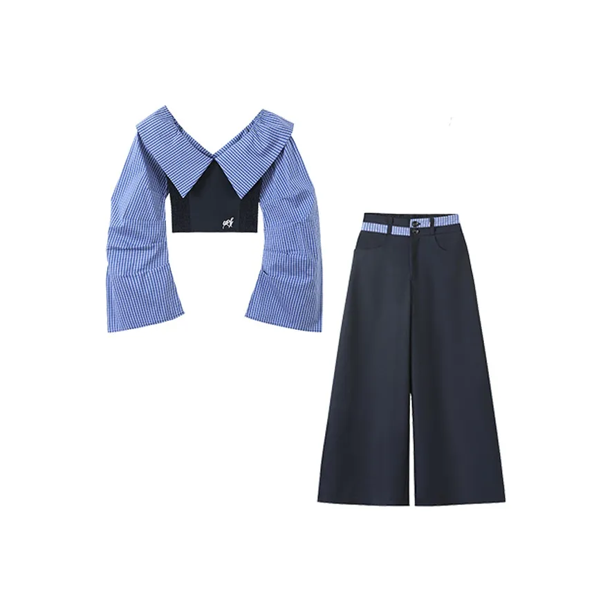 IQC Повседневный Костюм Женские Сине-белый Топ + Темно-синий Брюки Двухкомпонентный Комплект Одежда Наборы
