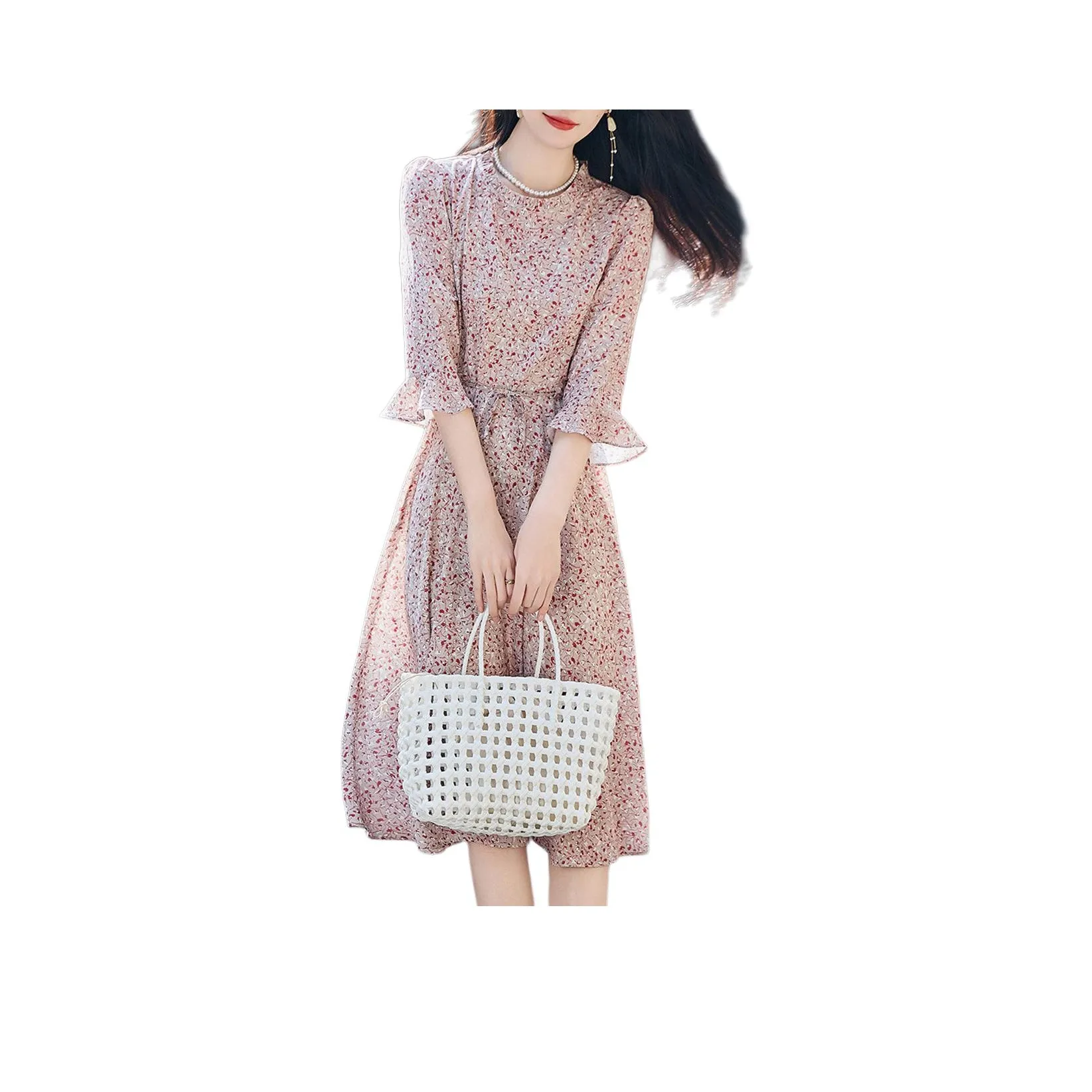 【Dme】 Длинное платье с длинными рукавами женское винтажный розовый