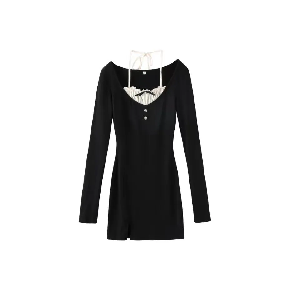 Lookinto Длинное платье с длинными рукавами женское черное