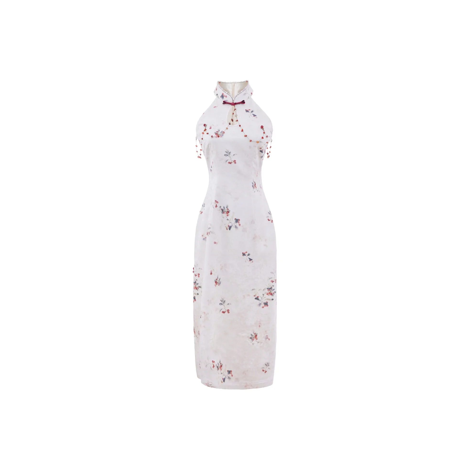 Blovelan Sleeveless Dress Women's Light Cloud Beige With Bead Chain; Cheongsam