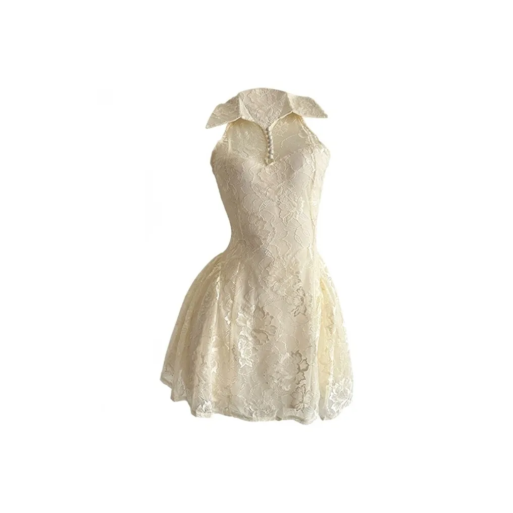 XIAOJUCHUANLI Без рукавов Платье Женское Кружевной Топ с воротником-халтер