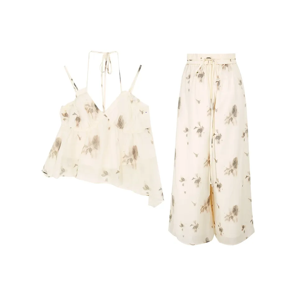3COLOUR Casual Suits Women's Clothing Set Ecru Floral Top+Pants