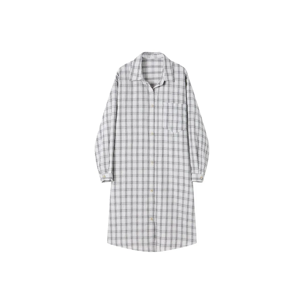 Korean Style Long-Sleeved Dresses Women's Beige Check