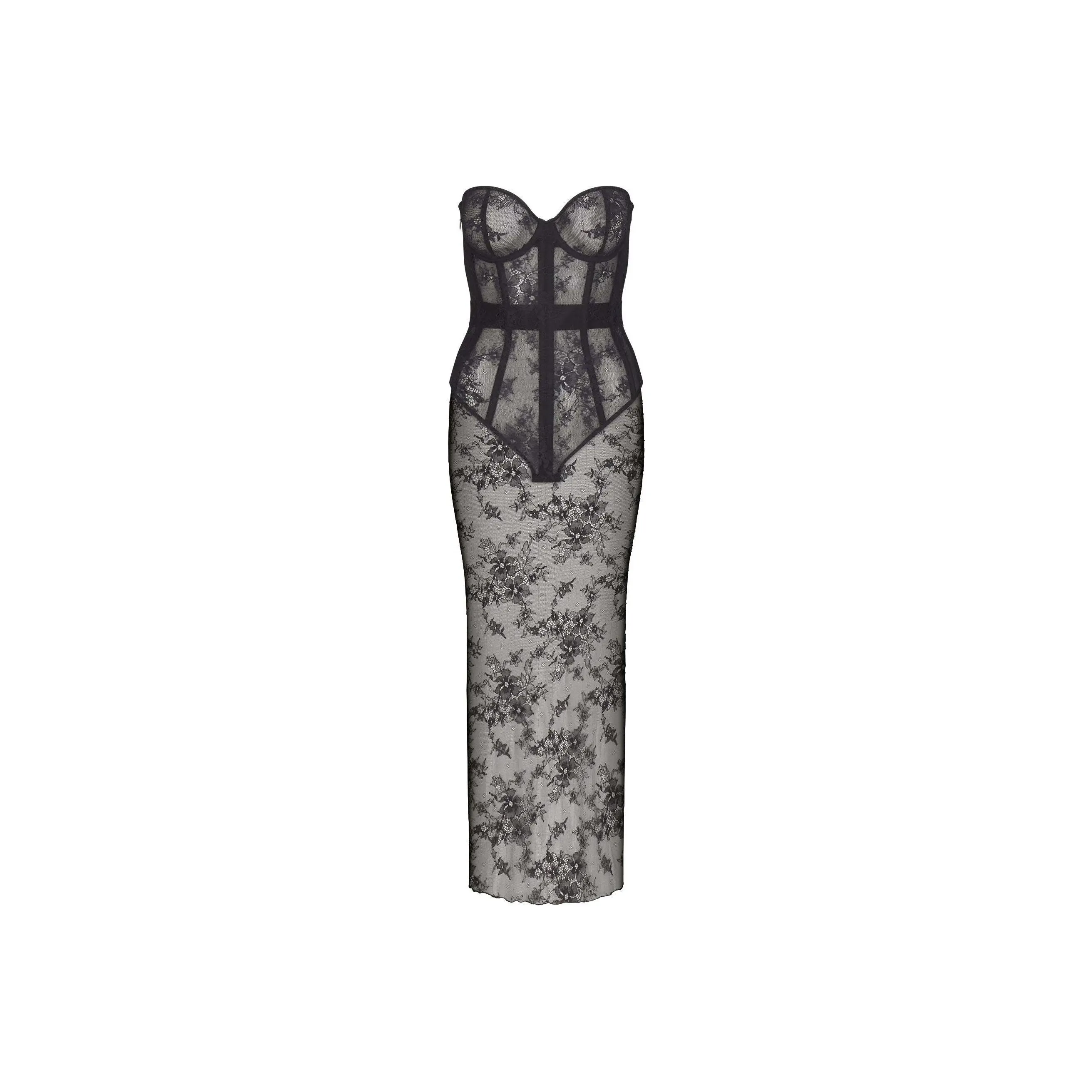 SKIMS ULTRA FINE LACE STRAPLESS CORSET LONG DRESS Sleeveless Dress Women's ONYX/Onyx