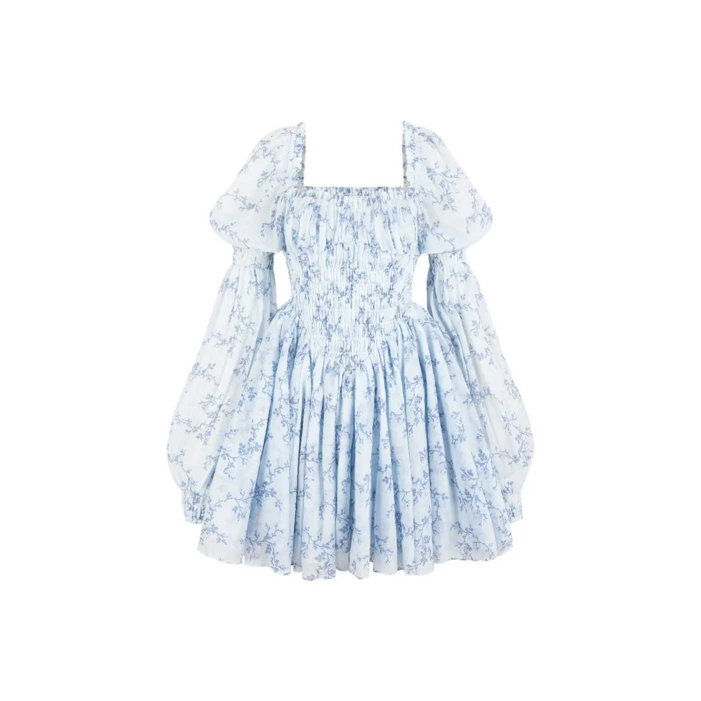 Selkie Коллекция Длинный рукав Платье Женское Светло-синий с цветочным узором и рисунком "шип"