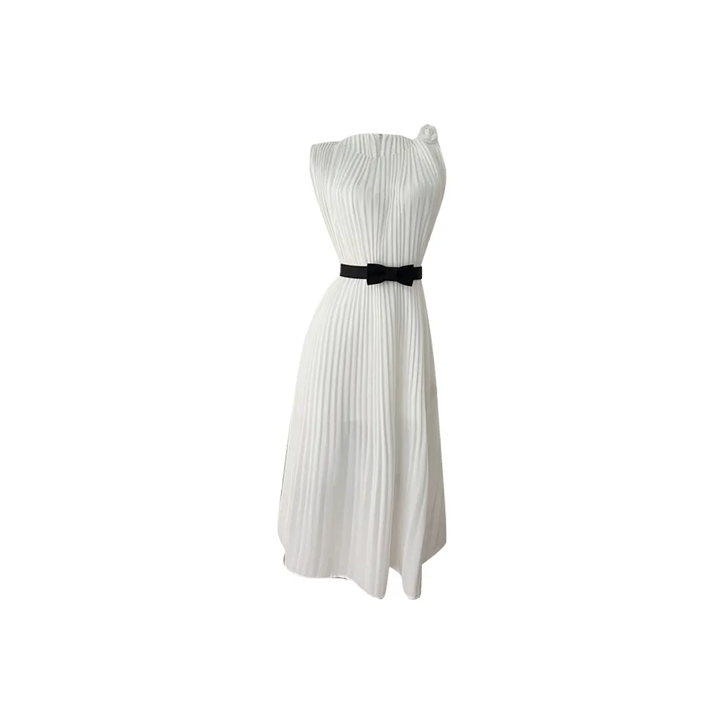 Icicofficial Sleeveless Dress Women's With Belt White Long Skirt