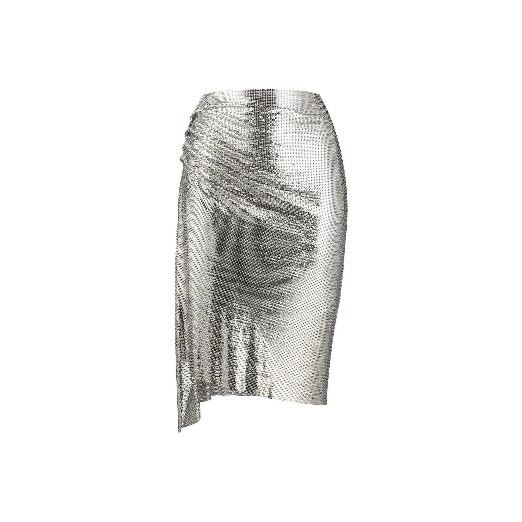 Paco Rabanne Asymmetric Metallic Ruched Midi Skirt