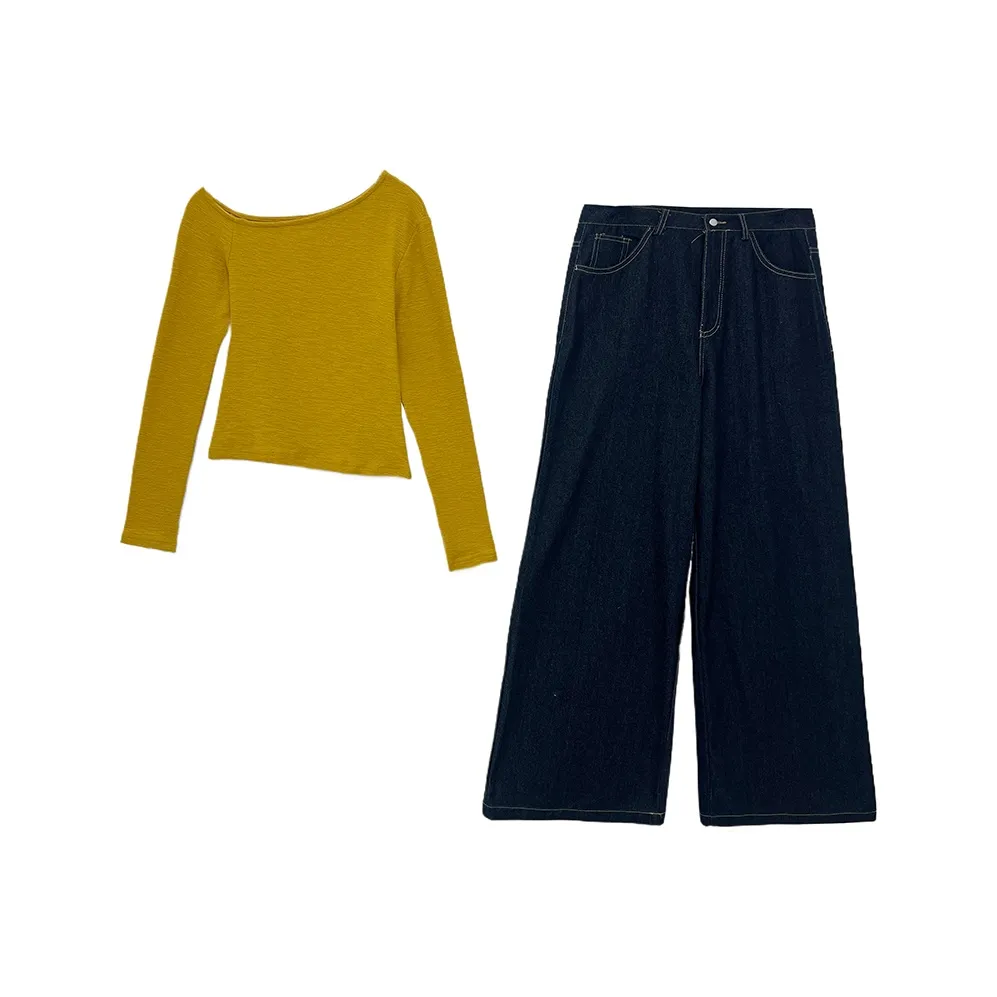 Icicofficial Повседневный костюм женский верх желтый + штаны черные