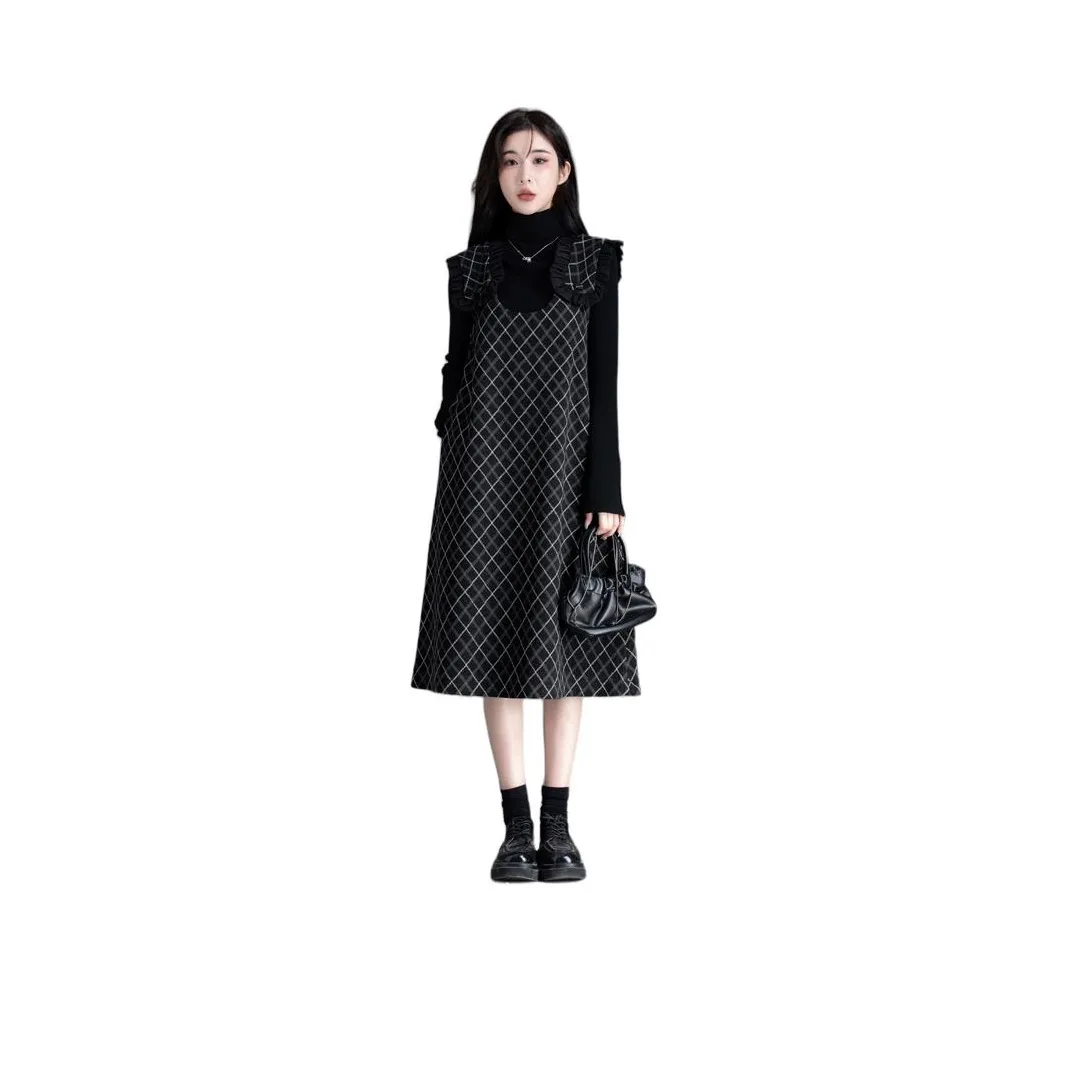 You Cow Me Pants Sleeveless Dress Women's Black Plaid
