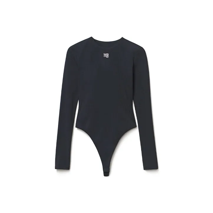 alexander wang FW21 Women's Logo Letter Printed Long Sleeve Crystal Studded Bodysuit Black