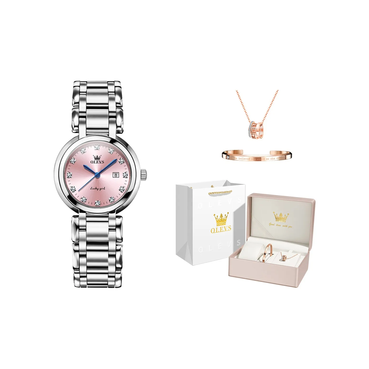 OLEVS Кварцевый механизм Часы Женские Розовый циферблат