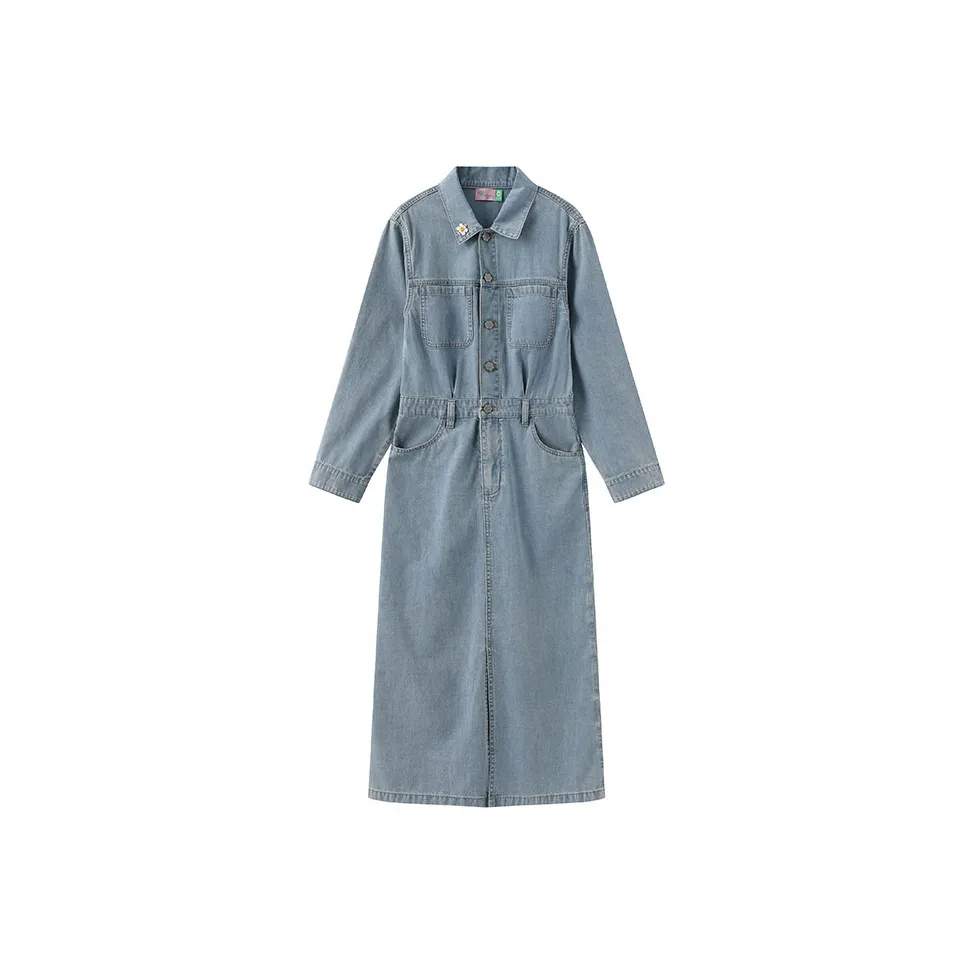 wiggle wiggle Светло-синий деним L/Индиго Женские Длинные Платья с рукавами