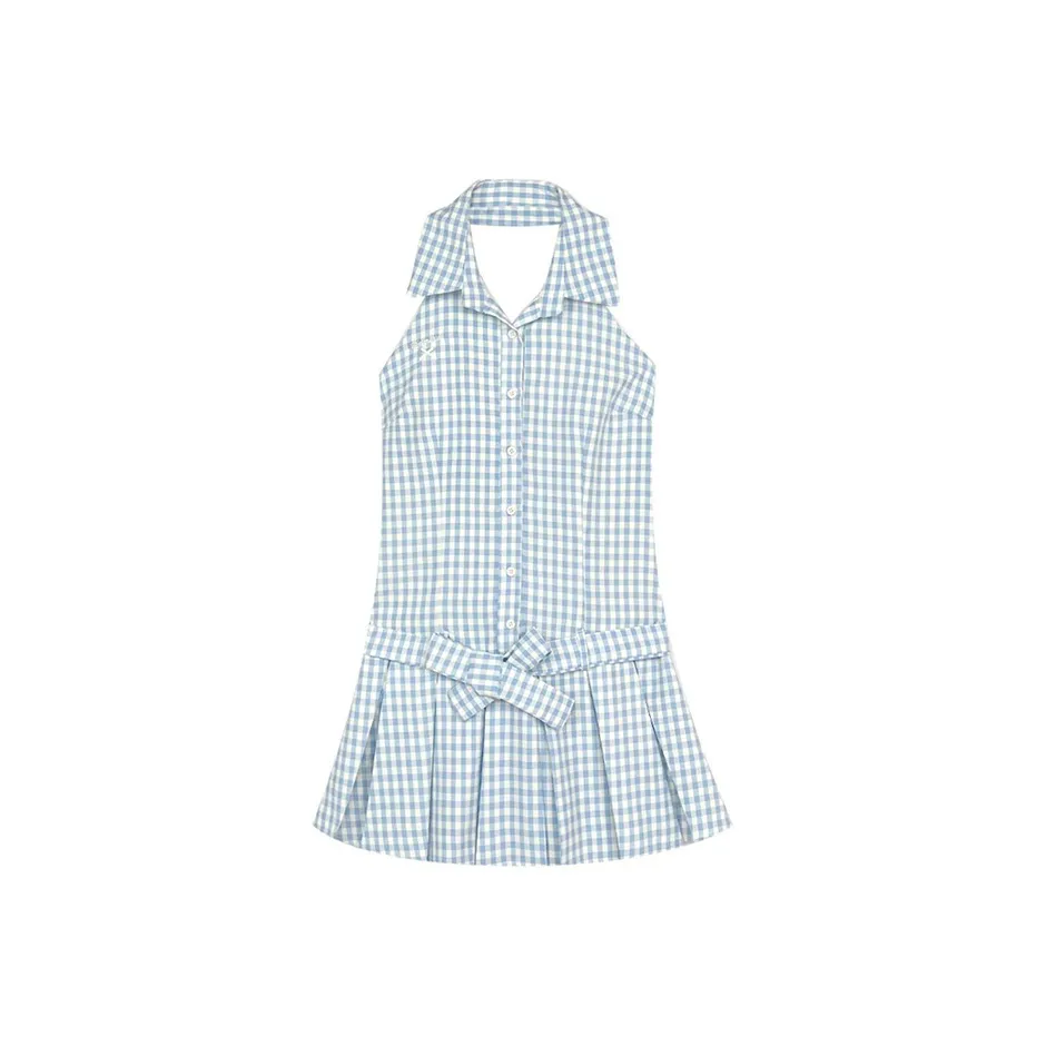 MO VOICE Без рукавов Платье Женское Синие Клетка Халтер Платье