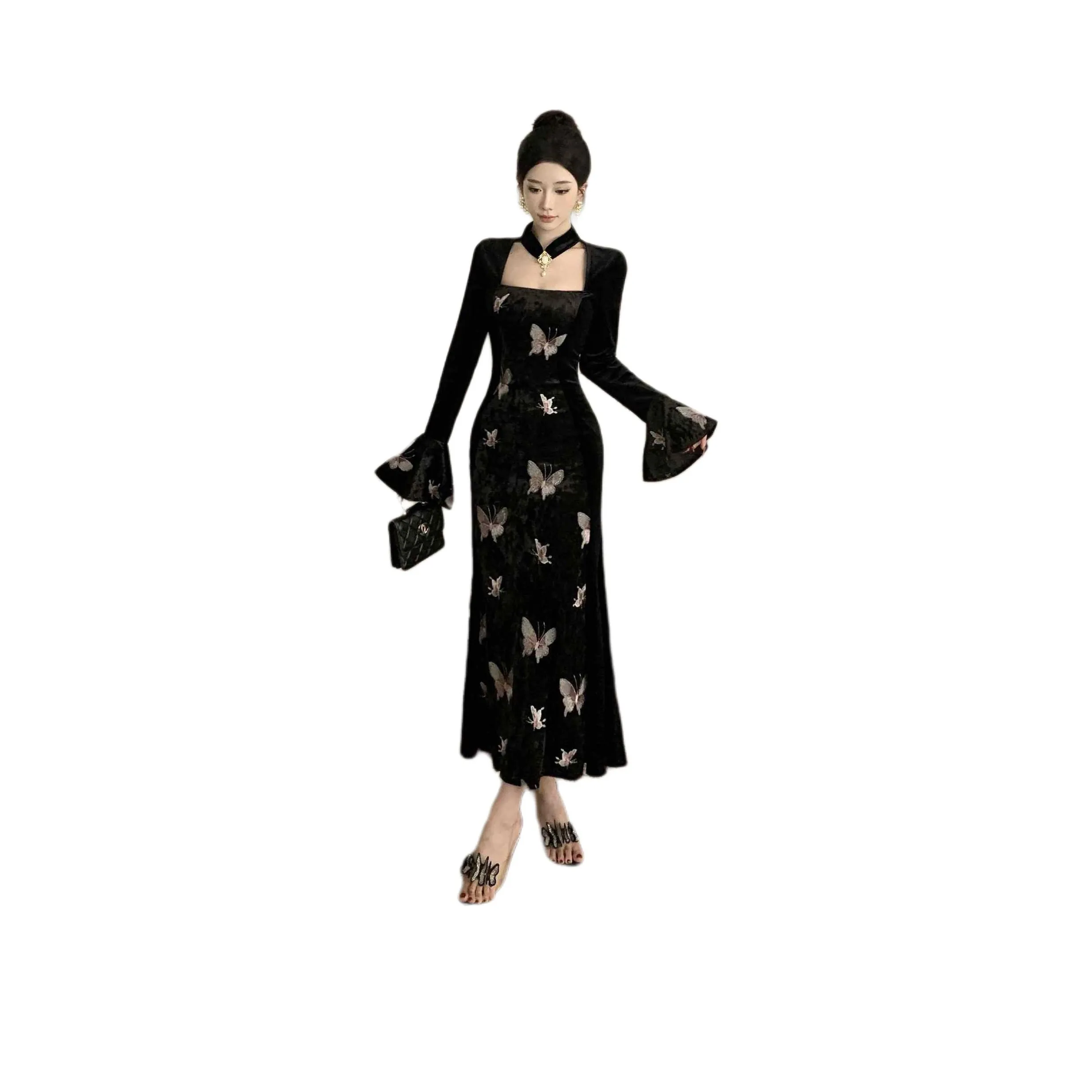 Icicofficial Длинное платье с длинными рукавами женское черное с бабочкой платье