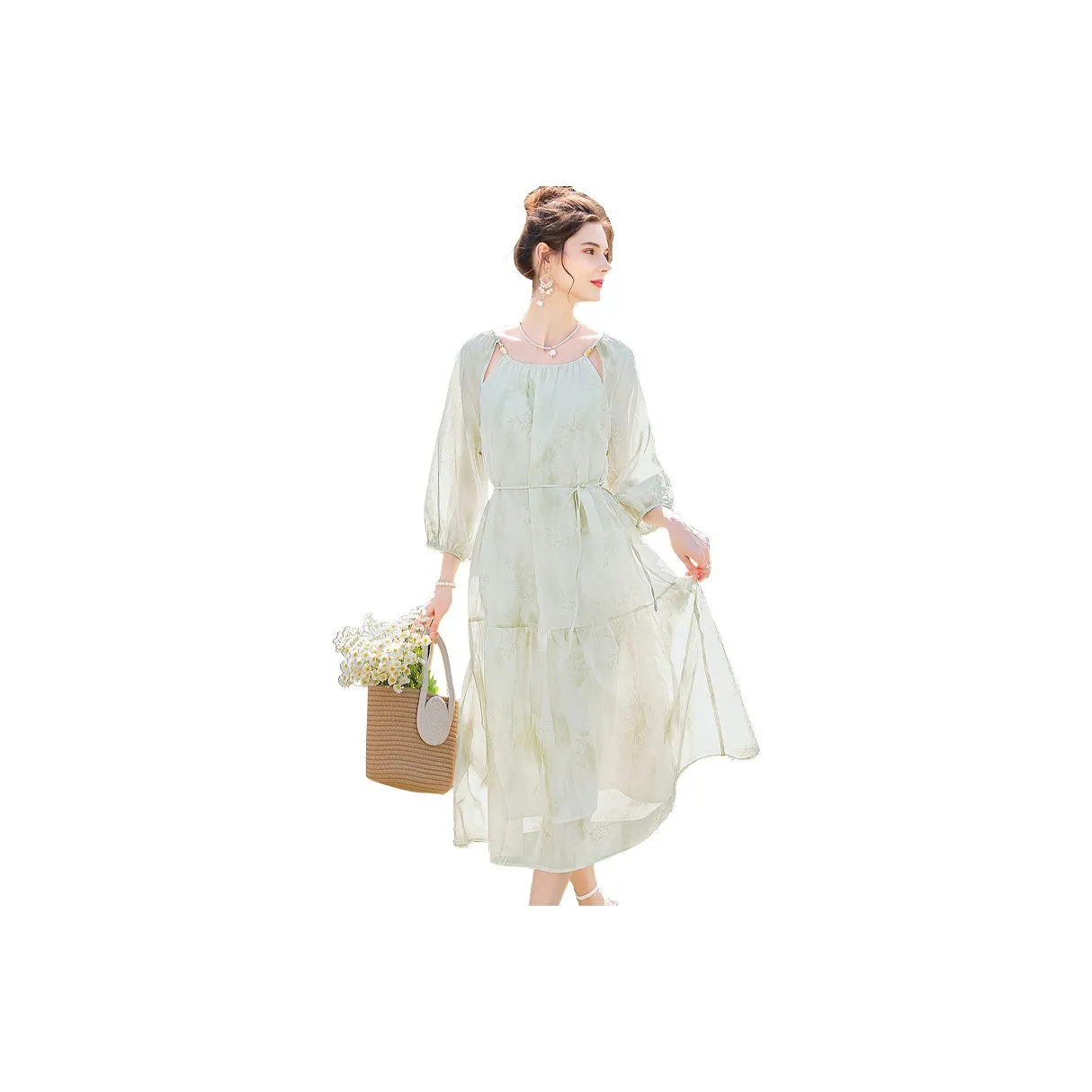 TOUCH Long Sleeved Dress Women's Beige Green