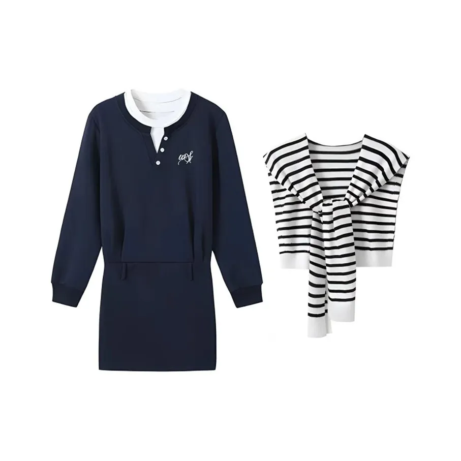 MO VOICE Длинное платье с длинными рукавами женское темно-синий с поясом + полосатой шаль