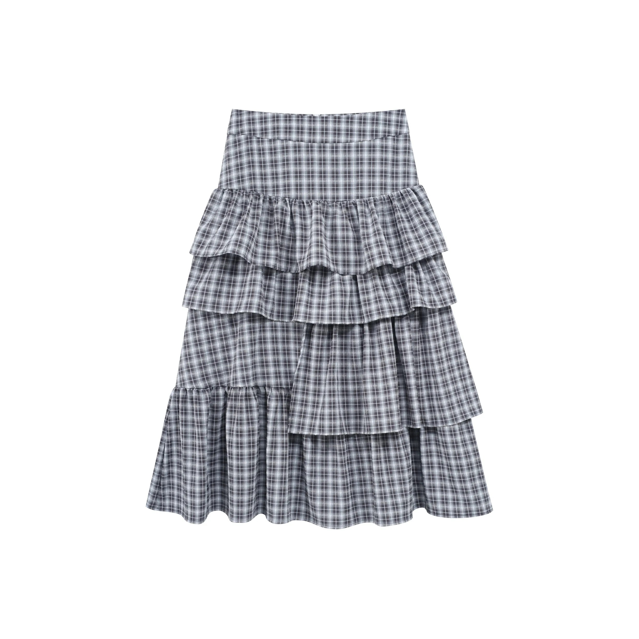 FPMZ Casual Long Skirts Women's Gray Blue Plaid
