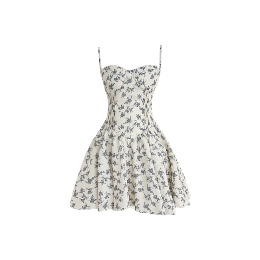 XIAOJUCHUANLI Slip Платье Женское Белое с Голубым Цветком