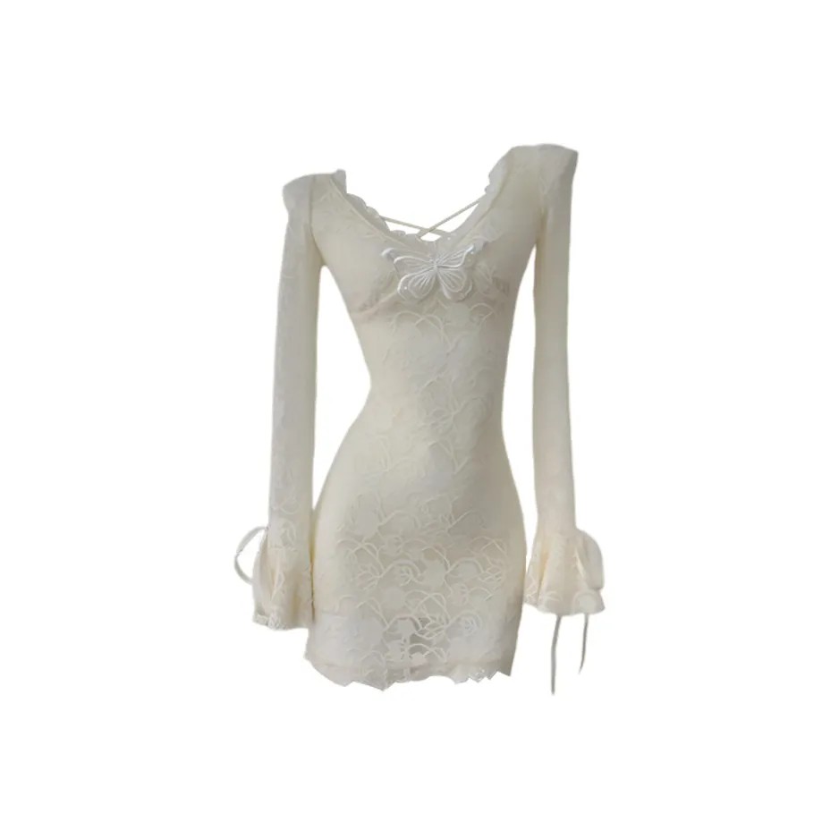 ONE PASS STUDIO Длинное платье с длинными рукавами женское абрикосового цвета