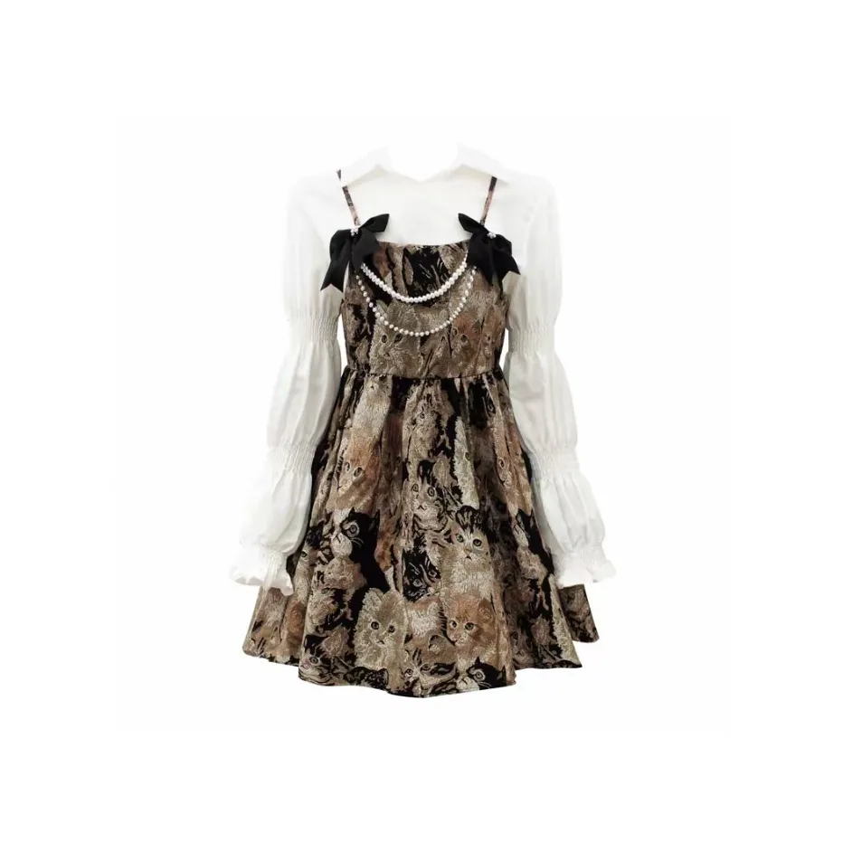 Lookinto Long Sleeved Dresses Women's White Shirt+Multicolor Camisole Dress