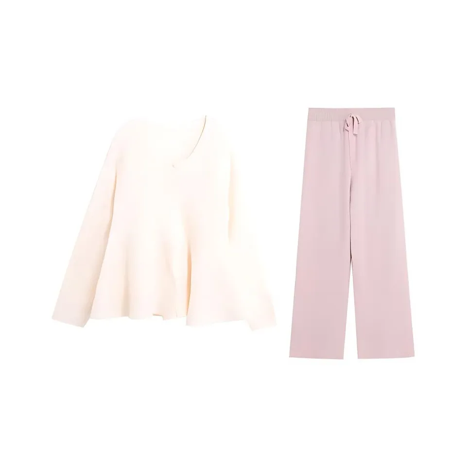 ZVJH Casual Suits Women's White Knitwear+Pink Pants