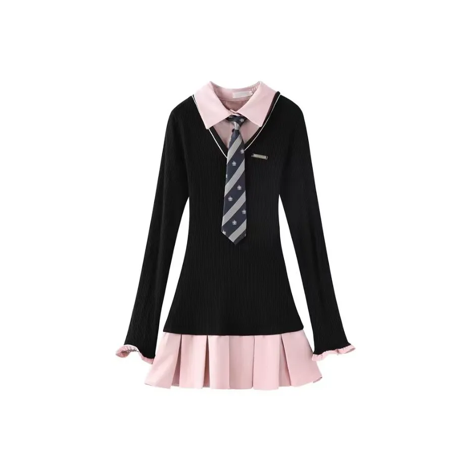 Lookinto Длинное платье с длинными рукавами женское черное