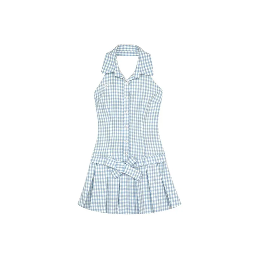 SECFLY OFFICIAL Sleeveless Dress Women's Blue Plaid Halter Top