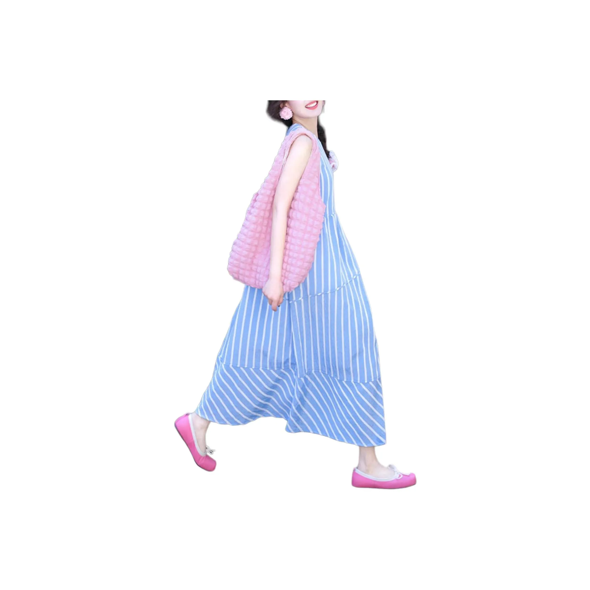 Wbwq Без рукавов Платье Женское Синие полосы Узор