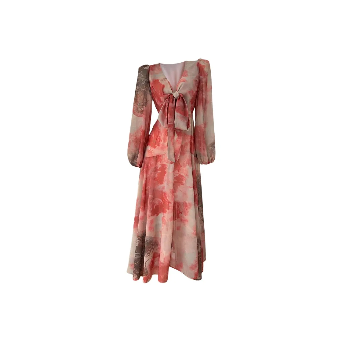 ONE PASS STUDIO Длинное платье с длинными рукавами женское красное