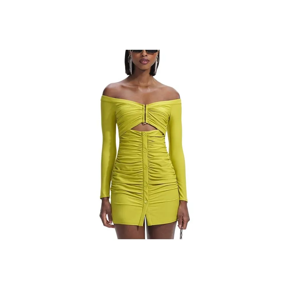 Self portrait Long Sleeved Dress Women's Yellow Contrast Green
