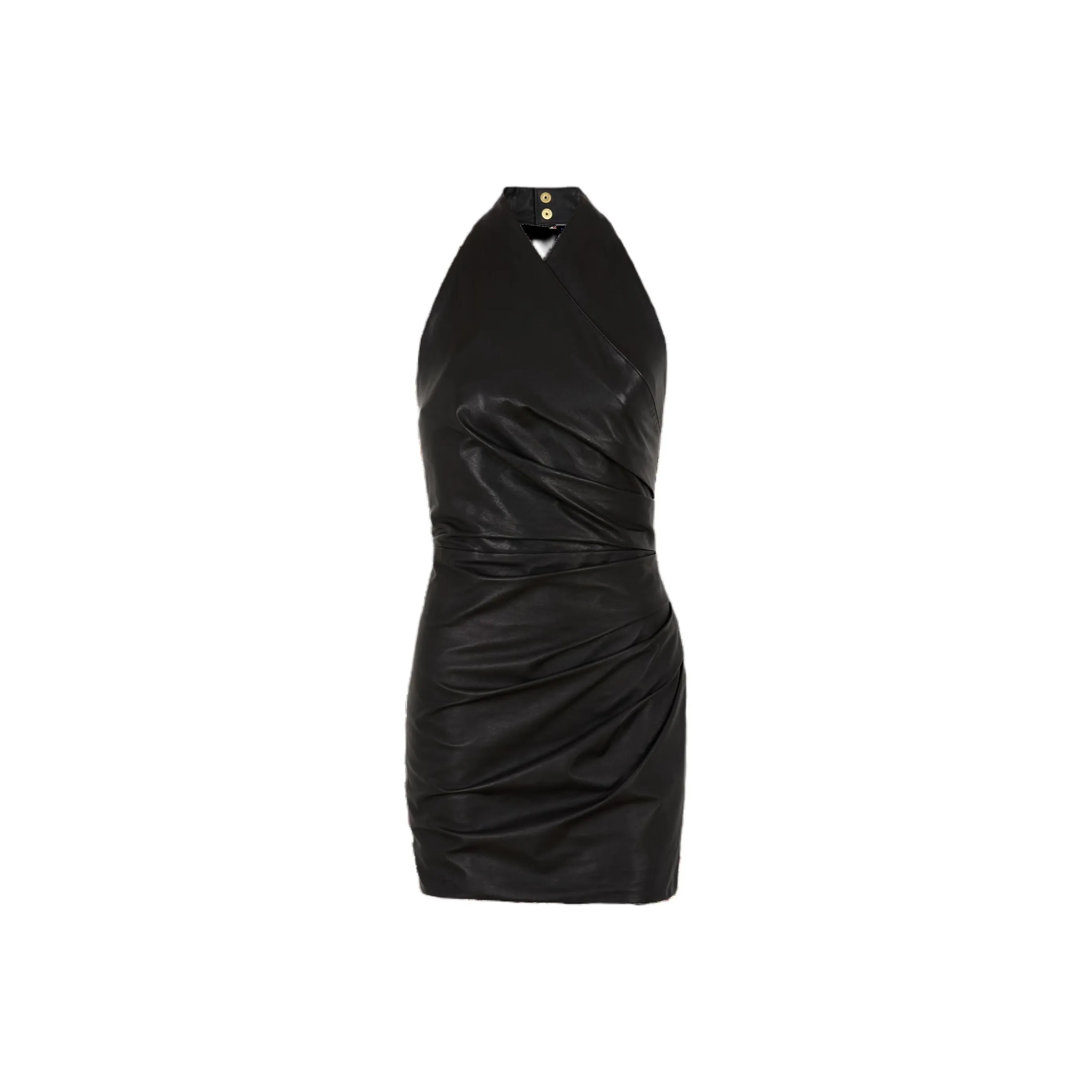 BALMAIN Short Draped Leather Halterneck Dress