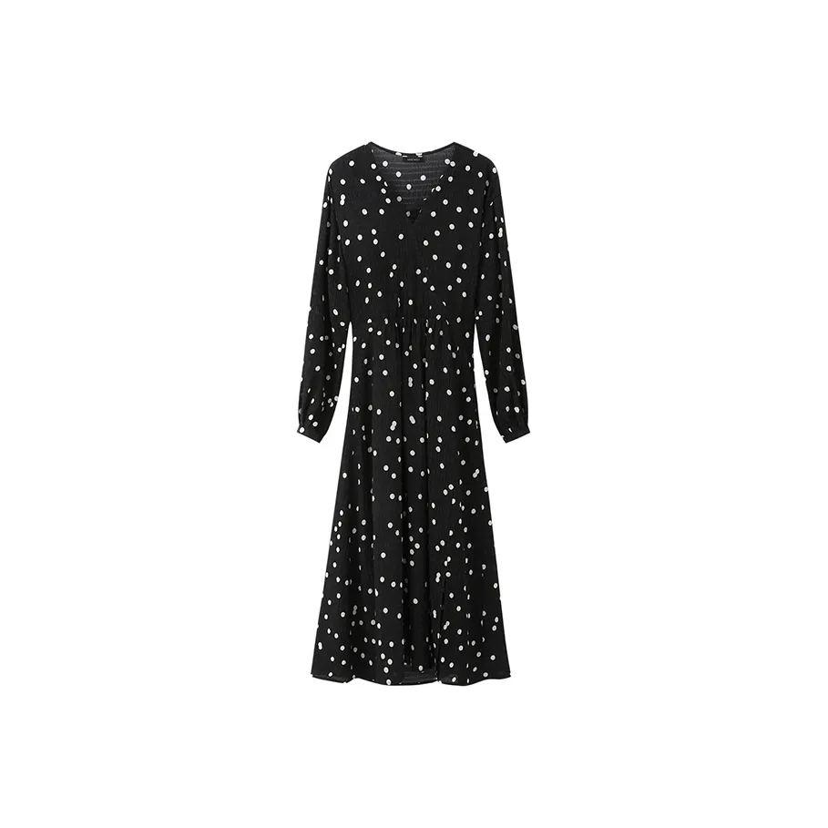 NINE WEST Long Sleeved Dress Women's Black With White Dot