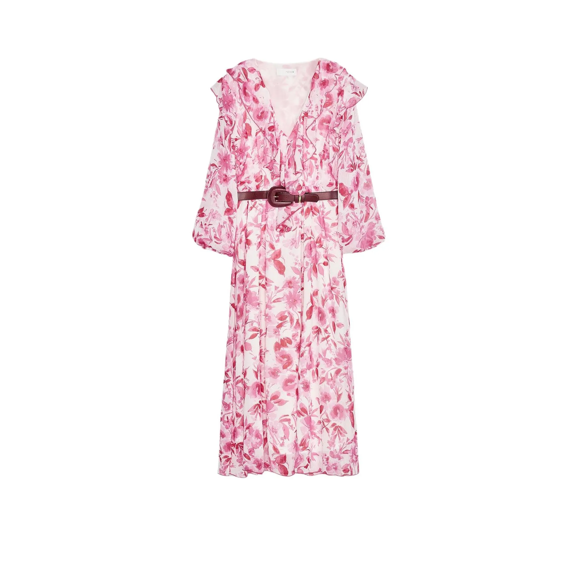 ZARA Длинное платье с длинными рукавами женское розовый белый