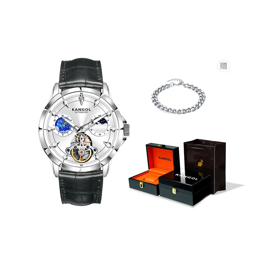 KANGOL Automatic Mechanical Movement Genuine Leather Strap Watch Men's Watches Skeleton Dial