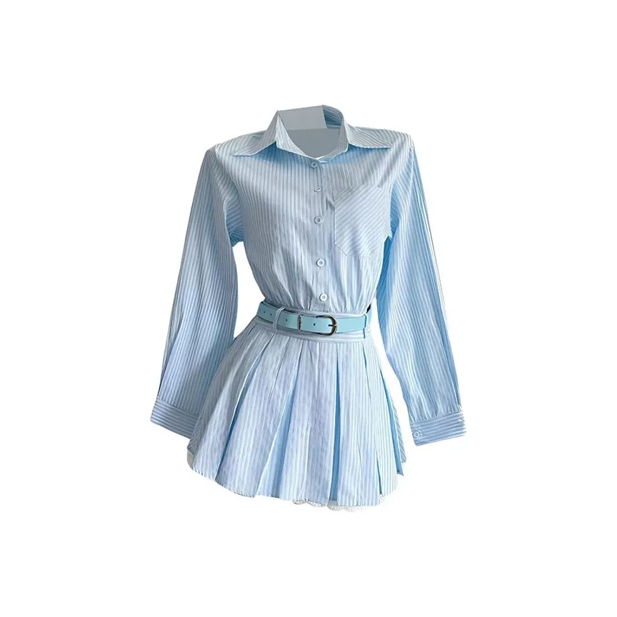 MO VOICE Длинное платье с длинными рукавами женское светло-синее + ремень стиль позиционирования