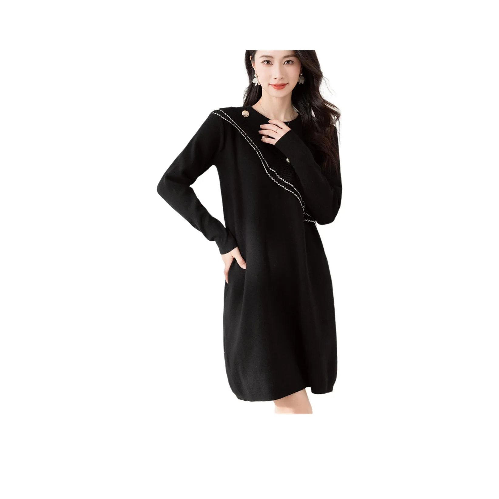 X MOOM Длинное платье с длинными рукавами женское черное