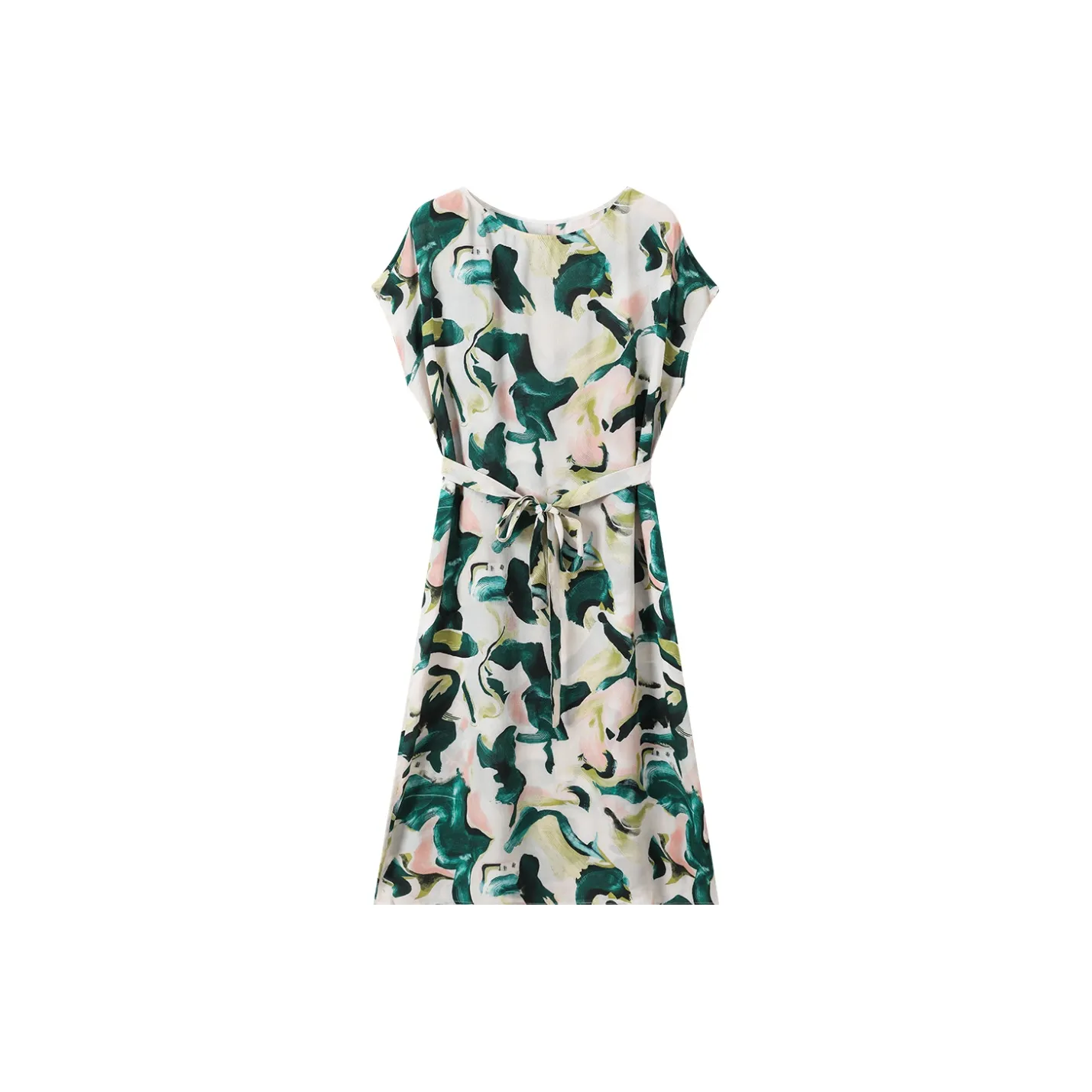 H YXIANG Short Sleeved Dress Women's White Base Green Ripple With Belt