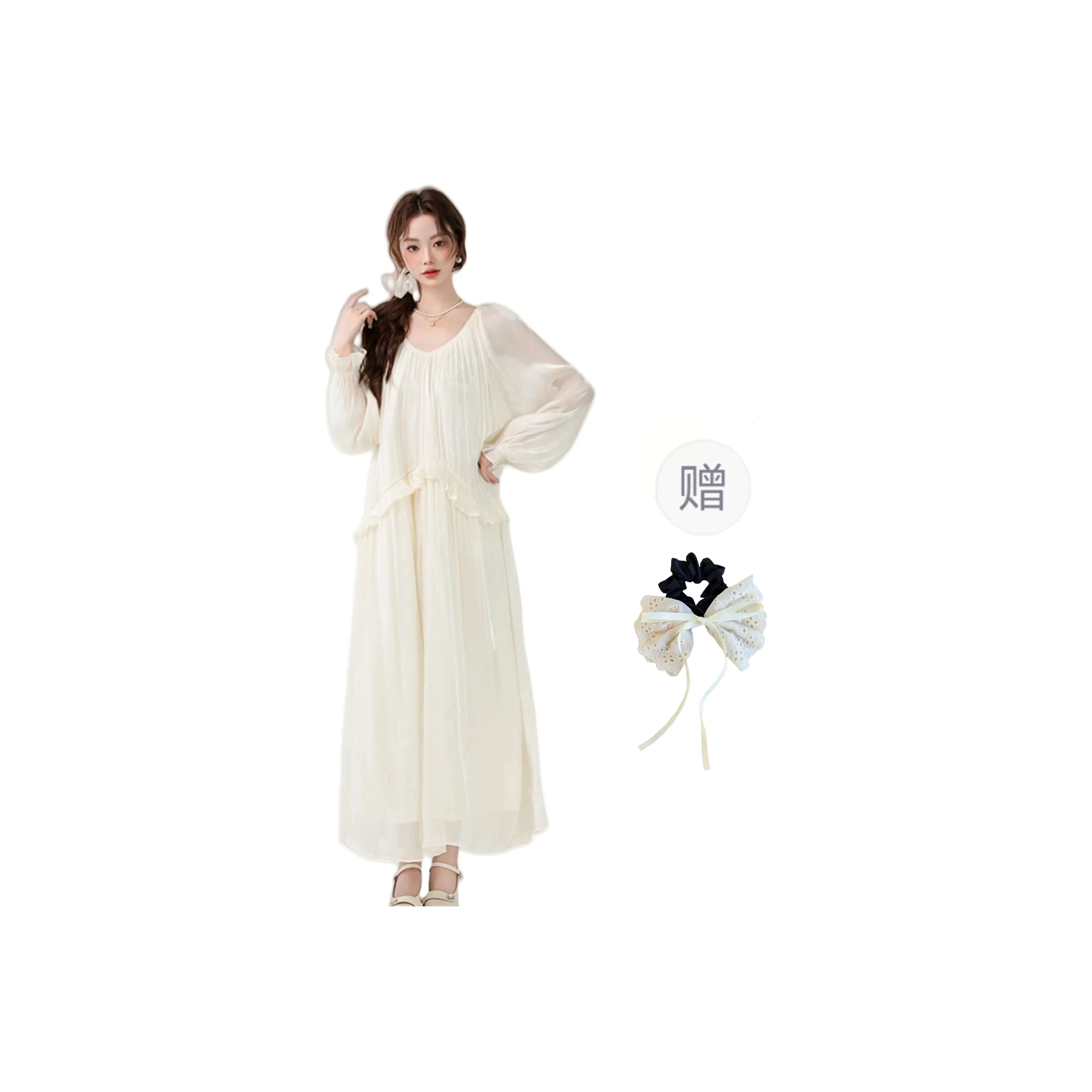 TUSHIFEI Long Sleeved Dress Women's Image Color+Bowknot Hair Tie Comes With