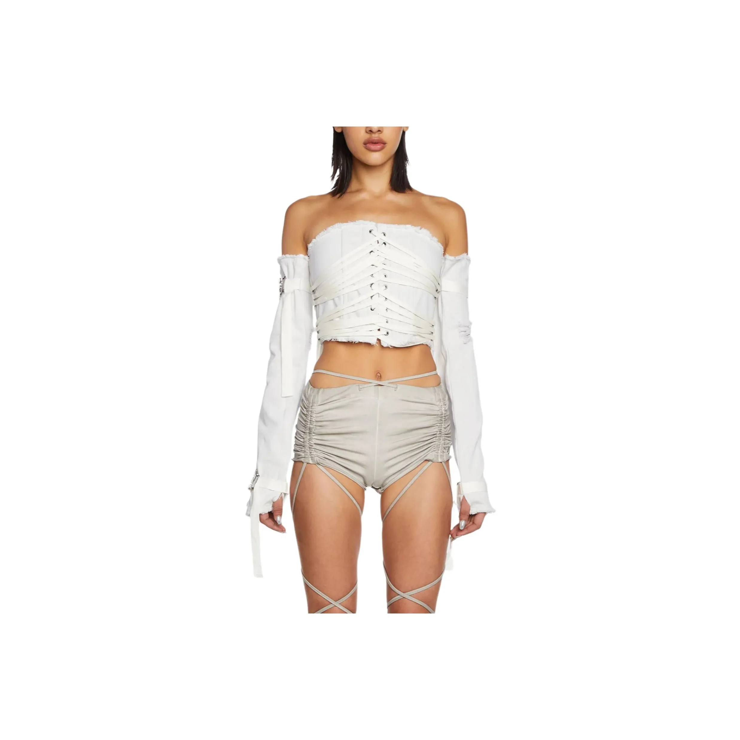 Dolls Kill SS24 DARKER WAVS Distortion Кружево Up CORSET Повседневный Костюм Женские Off Белый Экрю