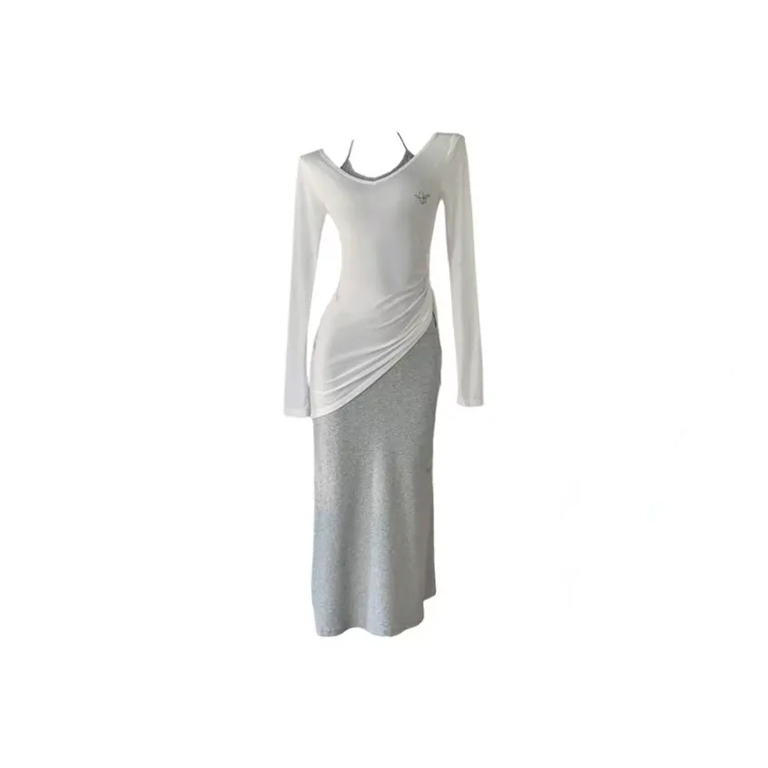 PUREIDOL Длинное платье с длинными рукавами женское серый [длинный]