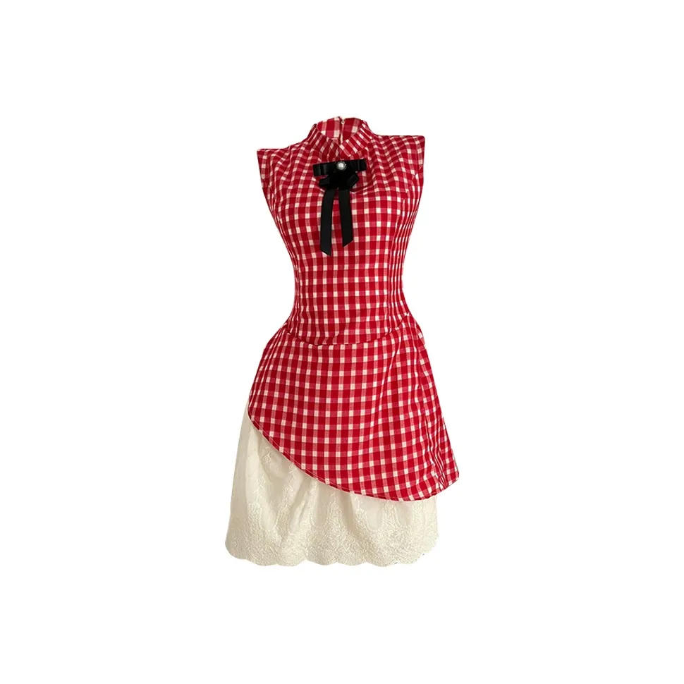 Icicofficial Sleeveless Dress Women's Red Plaid Dress