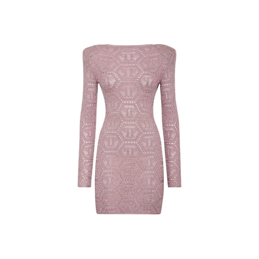 PHILIPP PLEIN Lurex Knit Mini Dress Monogram Long Sleeved Dress Women's Rose Pink