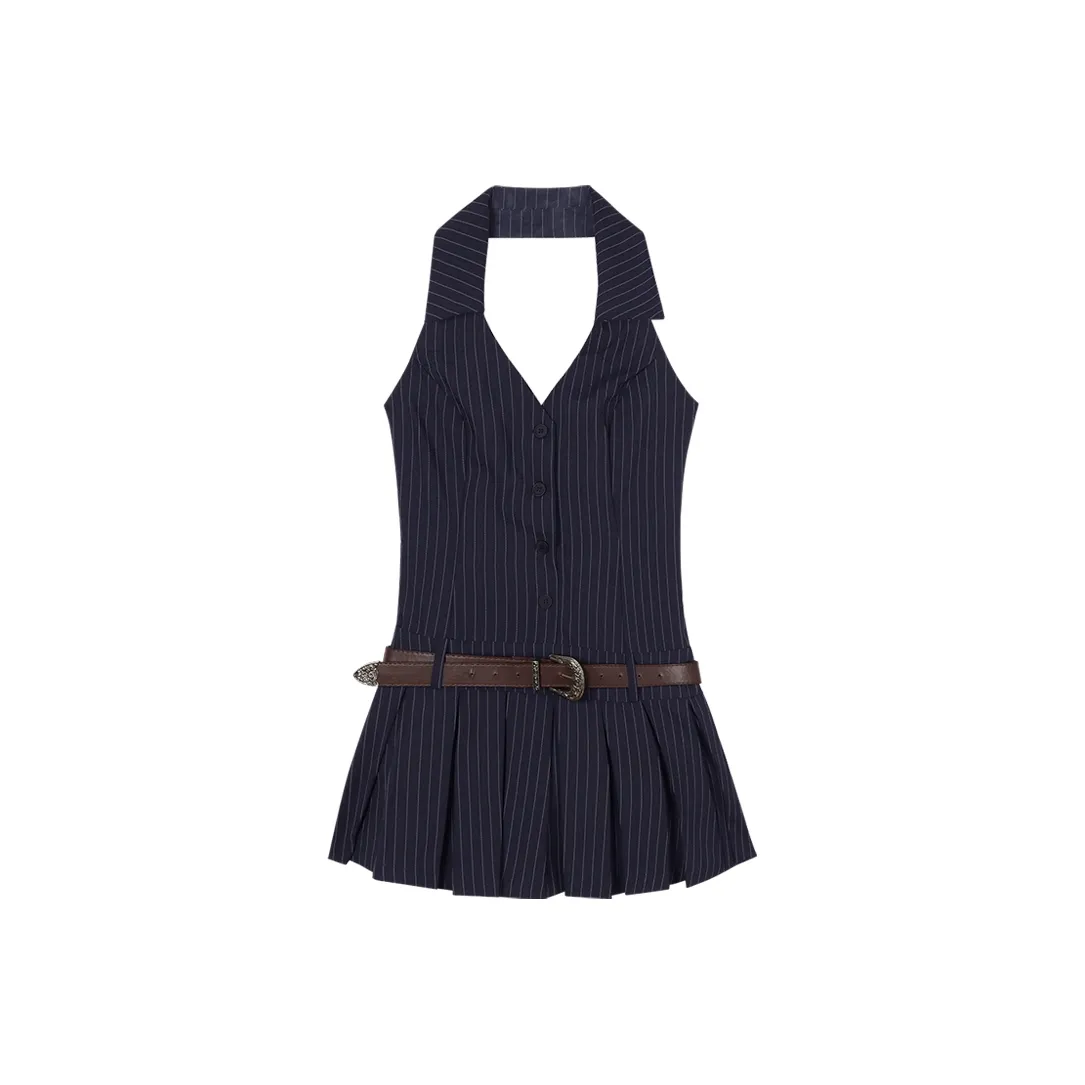 POPO.INFO Без рукавов Платье Женское Темно-синий + Ремень