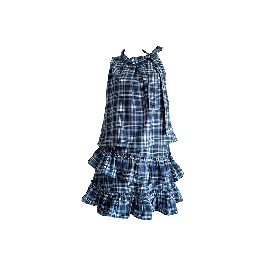 Frustration Garden Без рукавов Платье Женское Синие Клетка Юбка