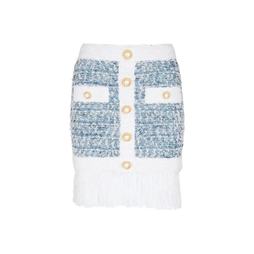BALMAIN Buttoned Denim Fringed Tweed Mini Skirt